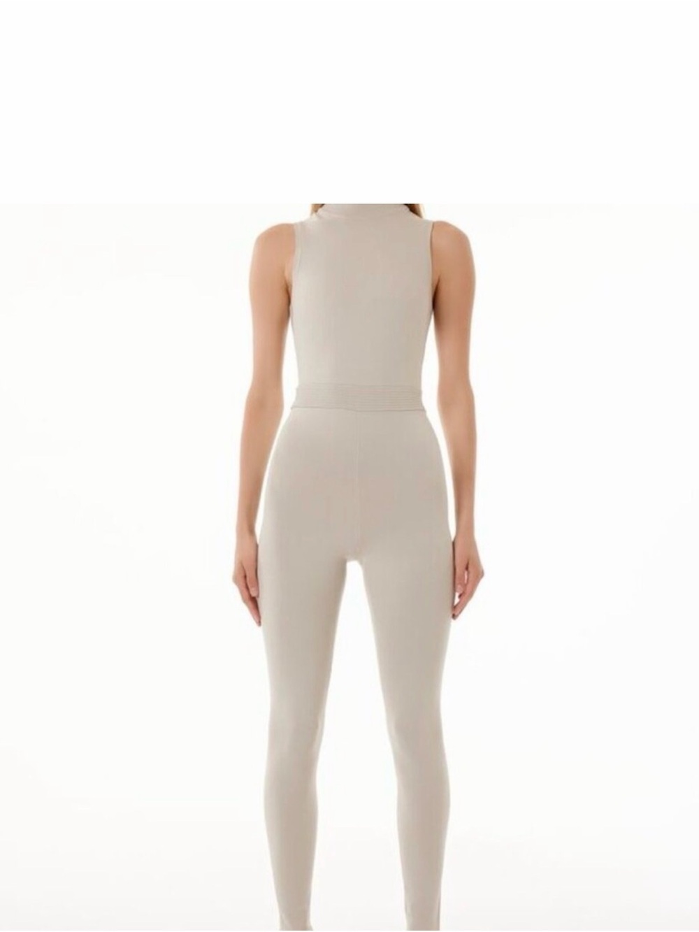 Sleeveless High-Neck Ribbed Jumpsuit in Light Beige
